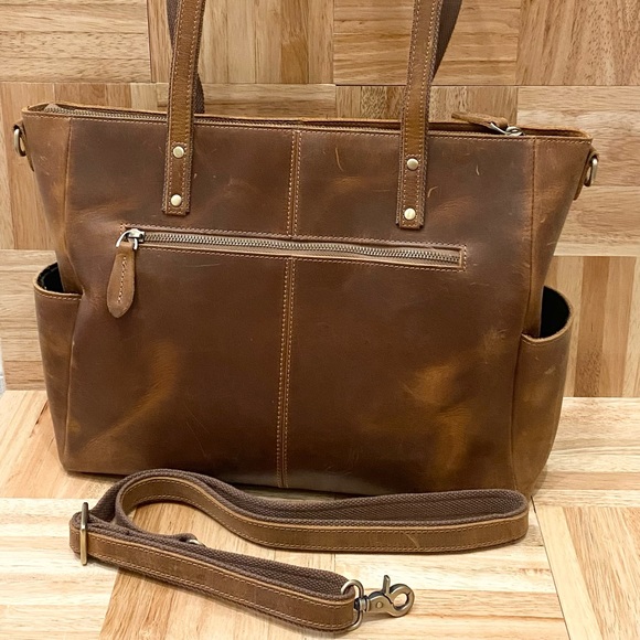 S-Zone Distressed Genuine Leather Tote Bag Cowhide Leather Laptop Travel Bag - Picture 7 of 16